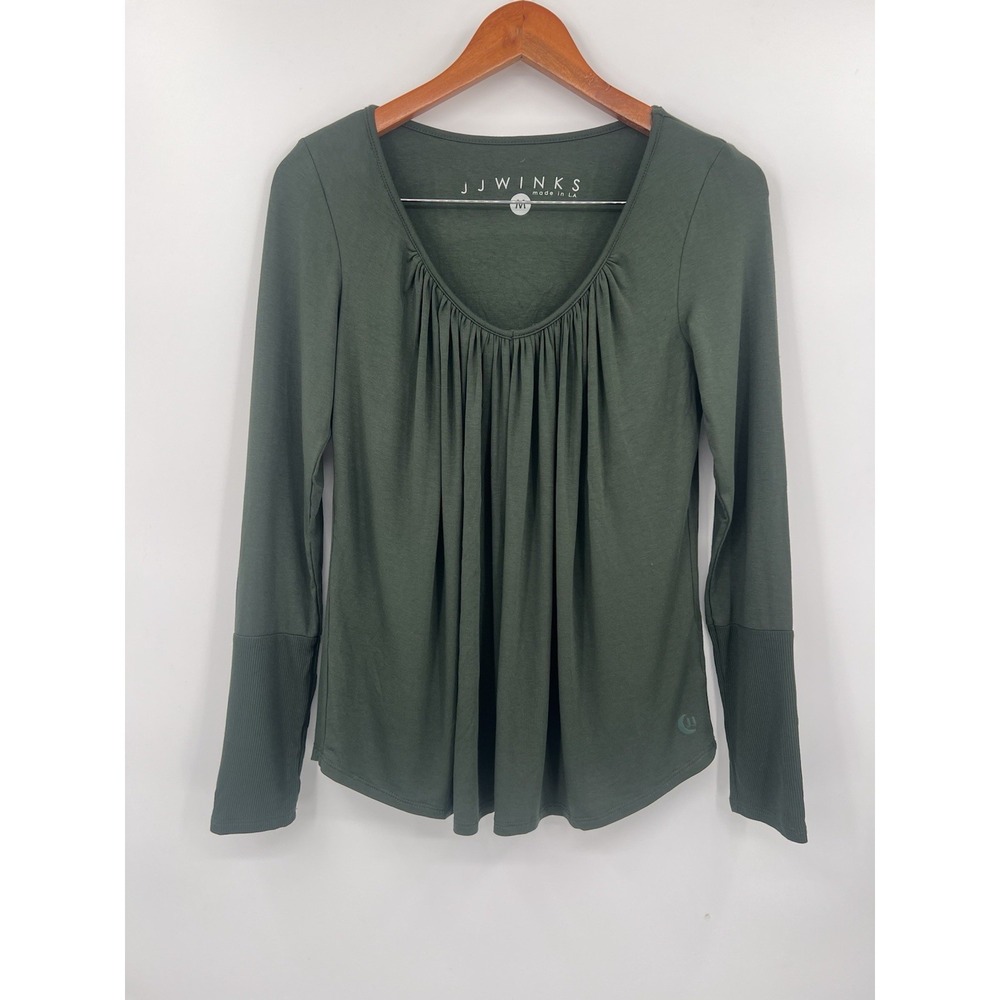 JJ Winks Olive Green Pleated Long Sleeve Top with Built-In Bra Size M
